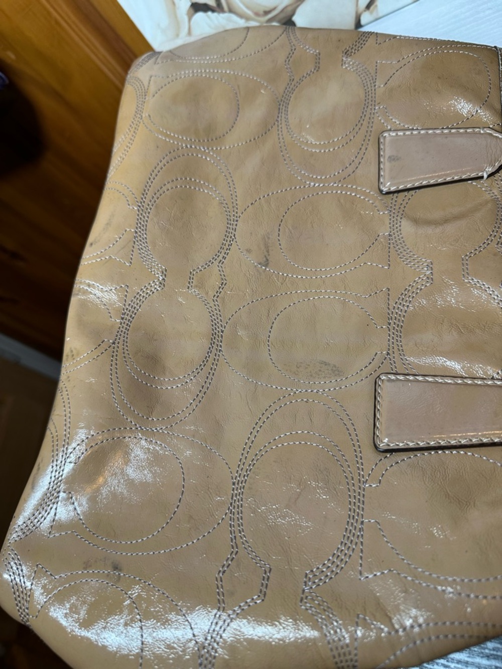 Coach Beige Patent Leather Tote with Signature Stitching - Picture 13 of 16